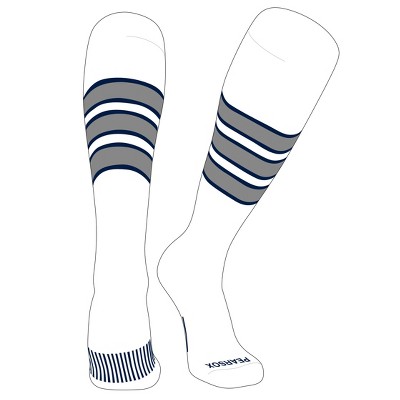 PEAR SOX Striped OTC Baseball, Softball, Football Socks (C) White, Navy, Silver