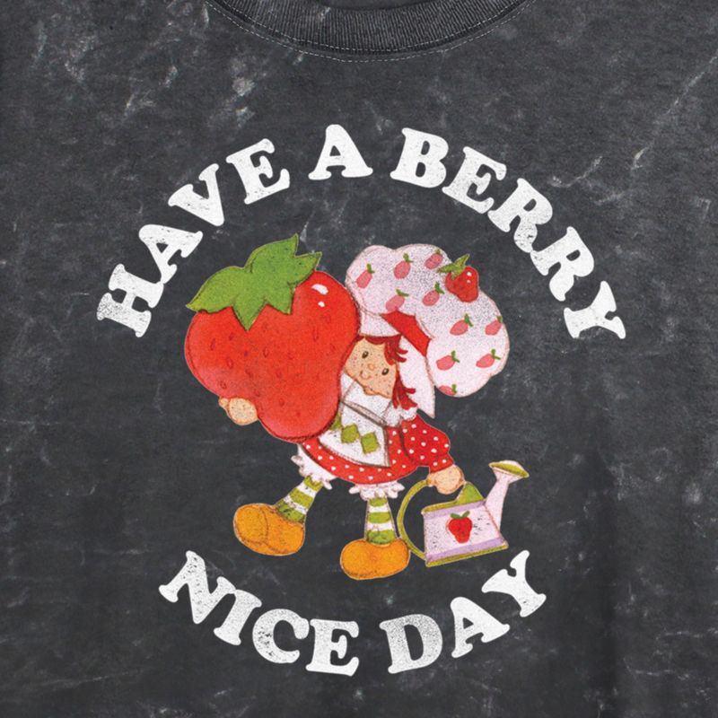 Juniors Womens Strawberry Shortcake Berry Nice Day Greeting  Mineral Wash Crop T Shirt, 2 of 5