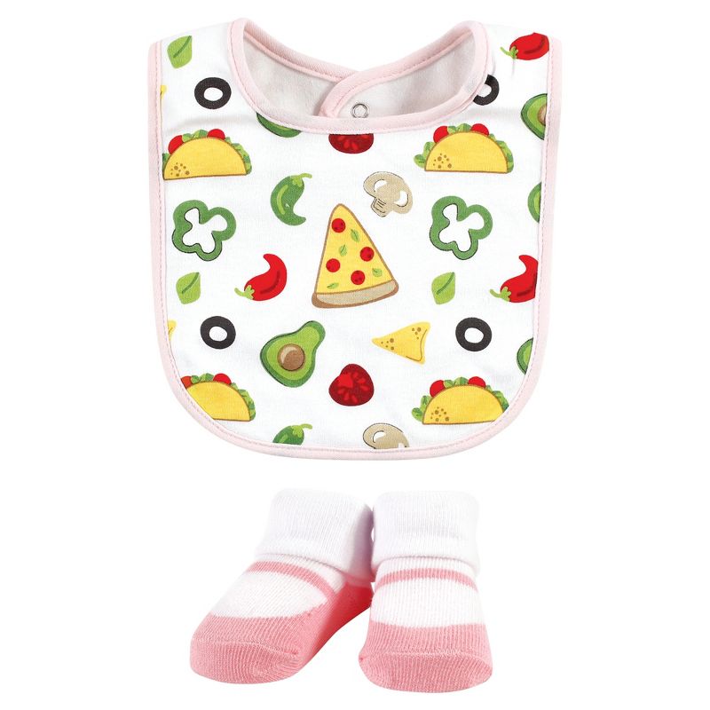 Hudson Baby Infant Girl Cotton Bib and Sock Set, Girl Pizza Taco, One Size, 4 of 6