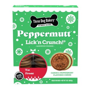 Three Dog Bakery Holiday Peppermutt with Peppermint and Carob Flavor Creme Lick'n Crunchy Dog Treats - 13oz - 1 of 4