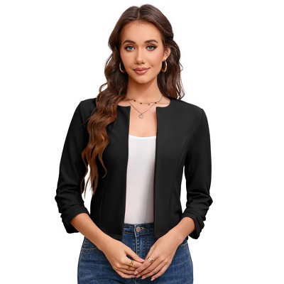 Women's Open Front Blazer Collarless Ruched 3/4 Sleeve Crop Cardigan Slim Fit Business Suit Jacket
