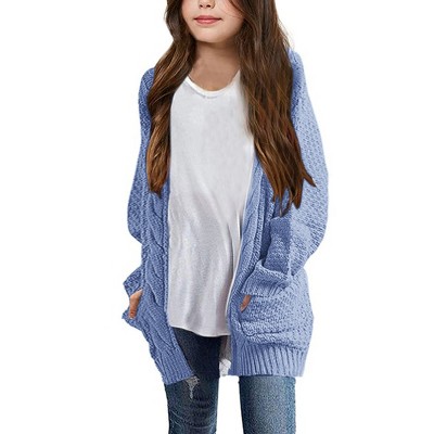 Cardigan for Girls Open Front Sweater Long Sleeve Loose Fit Sweater Jacket,Blue - 2XL