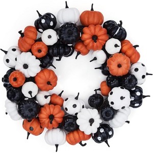Coucheta 18 Inch Halloween Pumpkin Wreath - Orange, Black, White Pumpkins, Rattan Bottom - For Front Door, Indoor Outdoor Thanksgiving Decor - 1 of 4