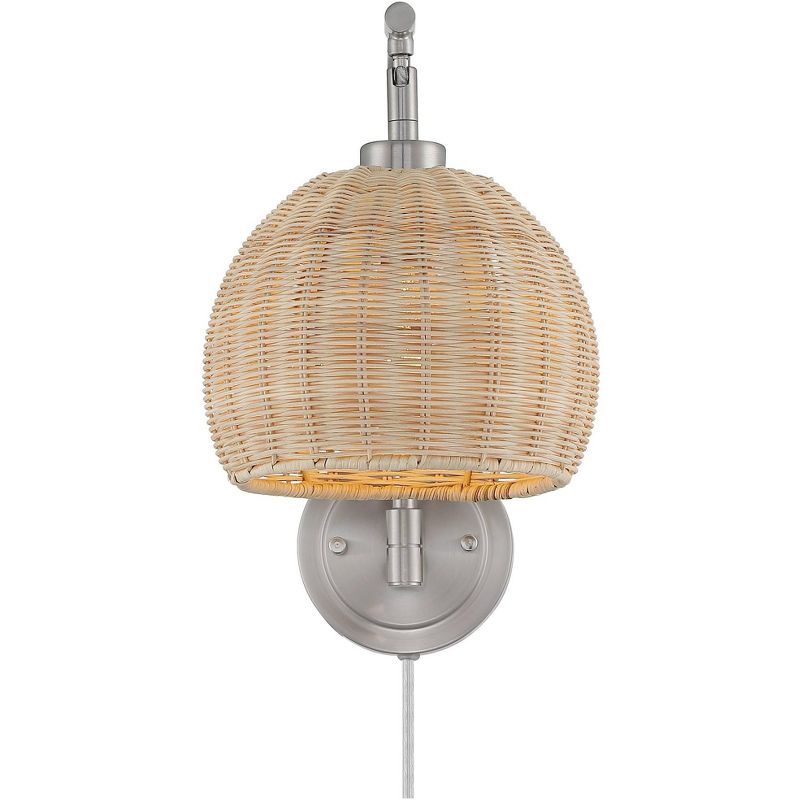 360 Lighting Jojo Modern Wall Lamps Set of 2 Brushed Nickel Metal Plug-in 8" Light Fixture Swing Arm Natural Wicker Shade for Bedroom Living Room, 5 of 9