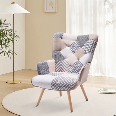 Gray Patchwork Velvet Wingback Accent Chair with Wood Legs
