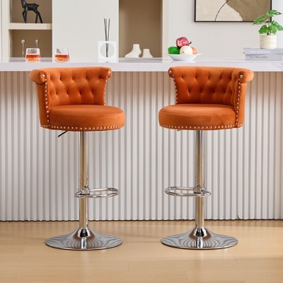 Velvet Adjustable Swivel Bar Stools Set of 2 with Metal Legs and Chrome Nailhead for Kitchen, Dining Room, or Counter