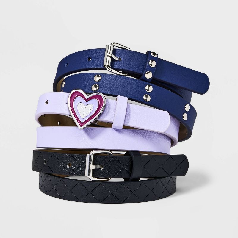 Girls' 3pk Heart Buckle Studded Embossed Belt Set - Cat & Jack™ Blue/Purple/Black, 1 of 5