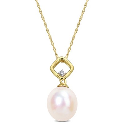 EVERLY JEWELRY | 10K Yellow Gold 0.01 CT Diamond TW 9 - 9.5 MM White Freshwater Cultured Pearl Fashion Pendant With Chain, 17-inch