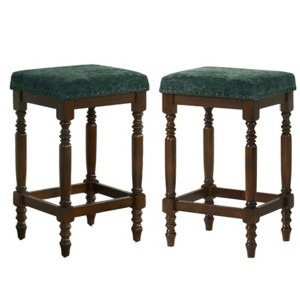 Rustic Wood Bar Stools with Upholstered Seats, Set of 2 - 26" Bar Stools - 1 of 4