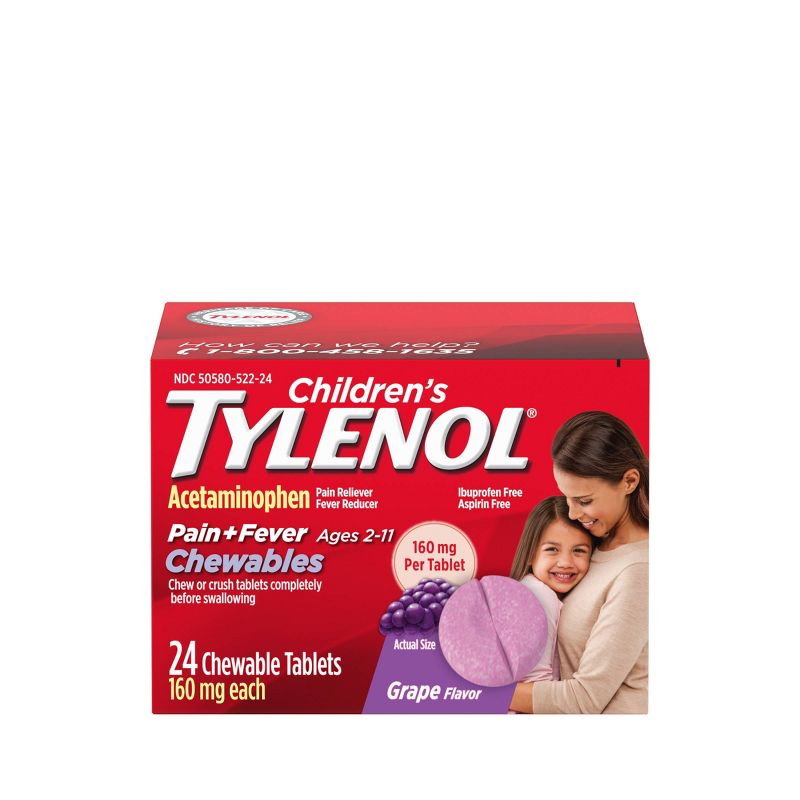 Children&#39;s Tylenol Pain and Fever Relief Acetaminophen Chewables - Grape - 24ct, 1 of 11