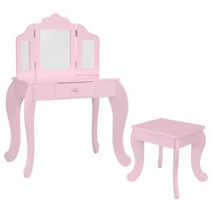 Sunnydaze Beauty Bliss MDF Kids' Vanity Table with Tri-Fold Mirror and Matching Stool - 1 of 4