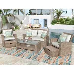 Patio Furniture Set, 4 Piece Outdoor Conversation Set All Weather Wicker Sectional Sofa with Ottoman and Cushions - 1 of 3