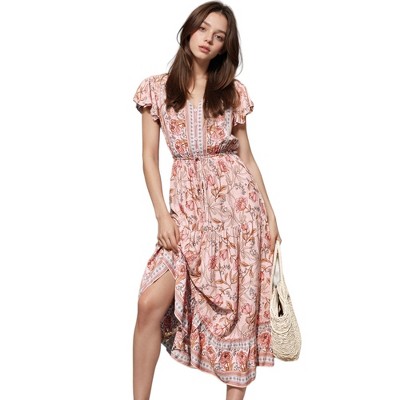 Anna-Kaci Women's Bohemian Paisley Floral Print Butterfly Sleeve V-Neck Midi Dress