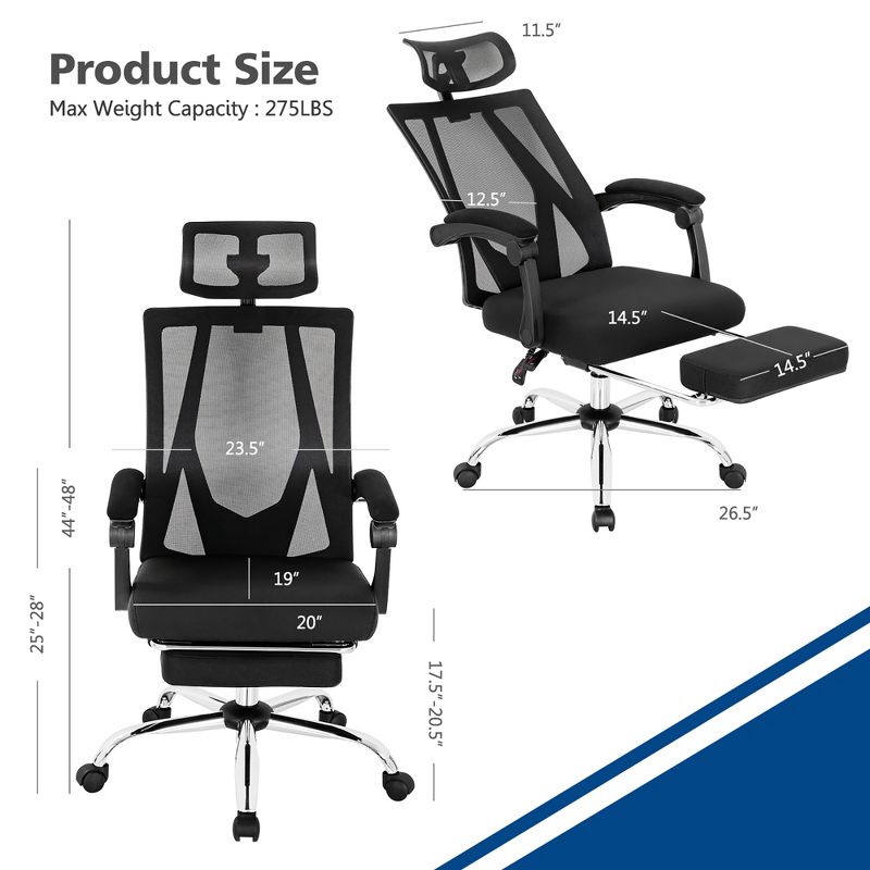 Costway Mesh Office Chair Recliner Desk Chair Height Adjustable w/Footrest Black, 3 of 11