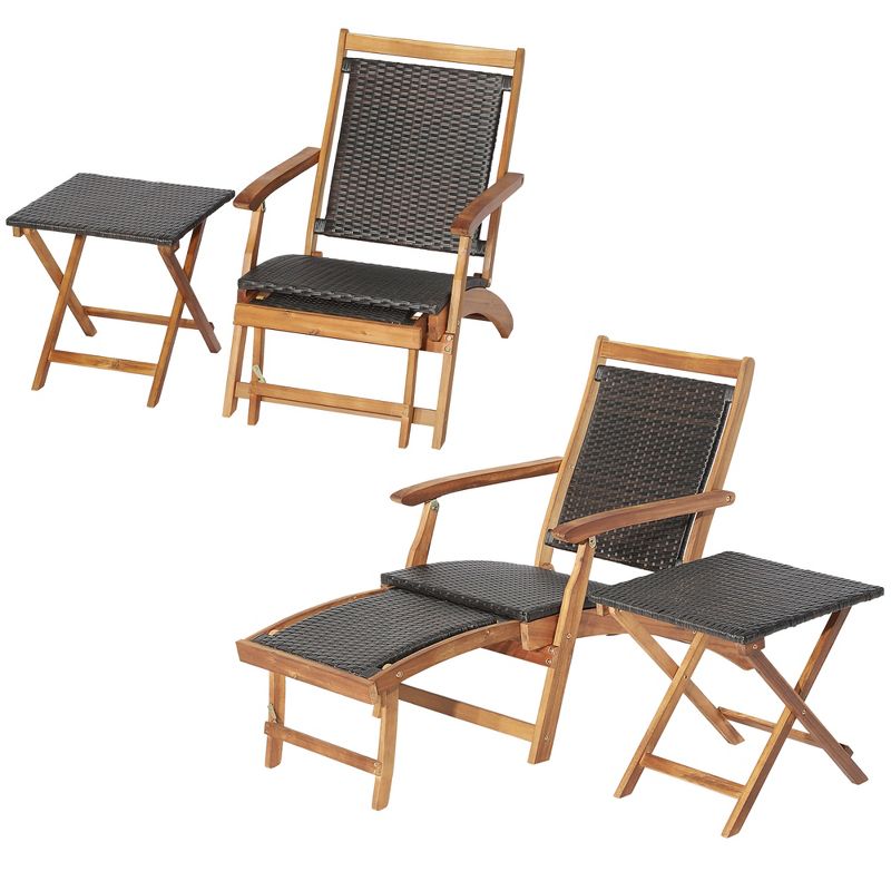 Costway 4PCS Patio Rattan Folding Lounge Chair Table Acacia Wood withRetractable Footrest, 2 of 10