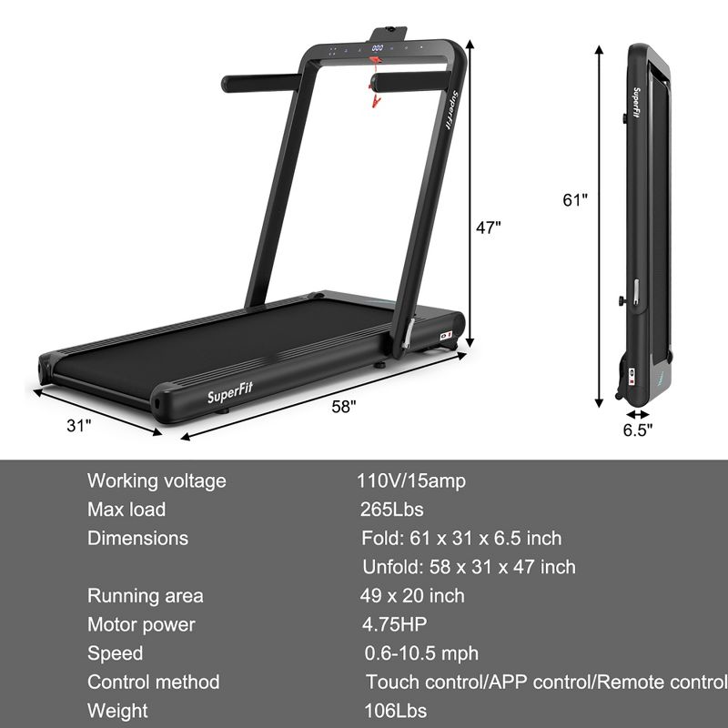 SuperFit 4.75HP 2 In 1 Folding Treadmill W/Remote APP, 3 of 9