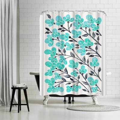 Americanflat Cherry Blossoms Turquiose by Cat Coquillette 71" x 74" Shower Curtain