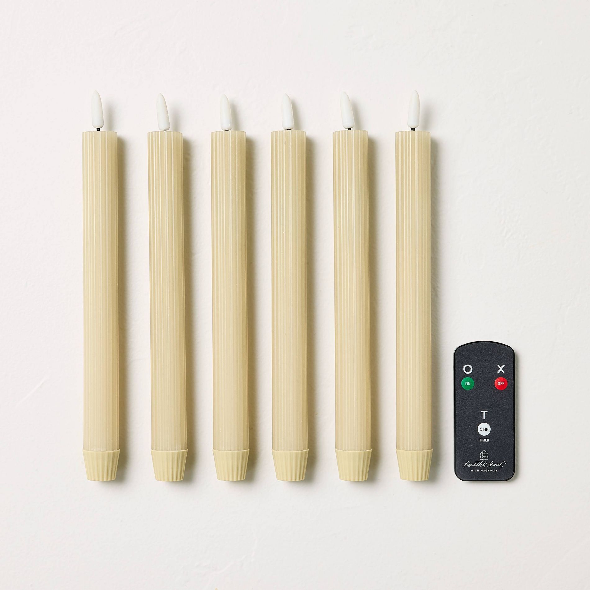 6pk 10" Ribbed Flameless Taper Candles Cream - Hearth & Hand™ with Magnolia