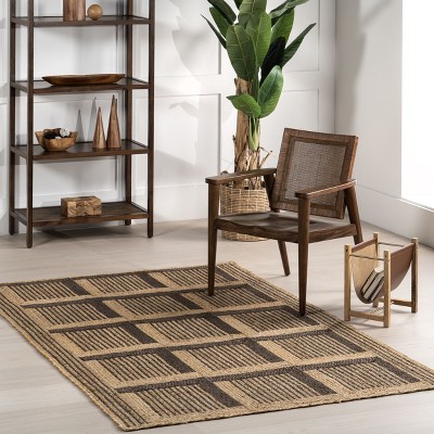 Handmade Geometric Braided Jute Rectangular Area Rug, 8' x 10', Natural and Black