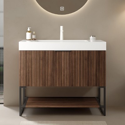 FAMYYT 36 in. Single Sink Freestanding Plywood Walnut Bath Vanity with White Acrylic Top (Assembled)