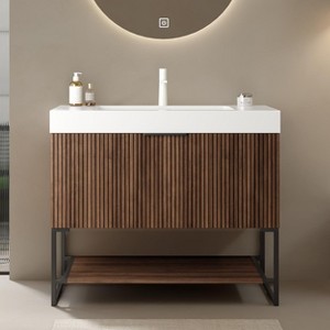 FAMYYT 36 in. Single Sink Freestanding Plywood Walnut Bath Vanity with White Acrylic Top (Assembled) - 1 of 4