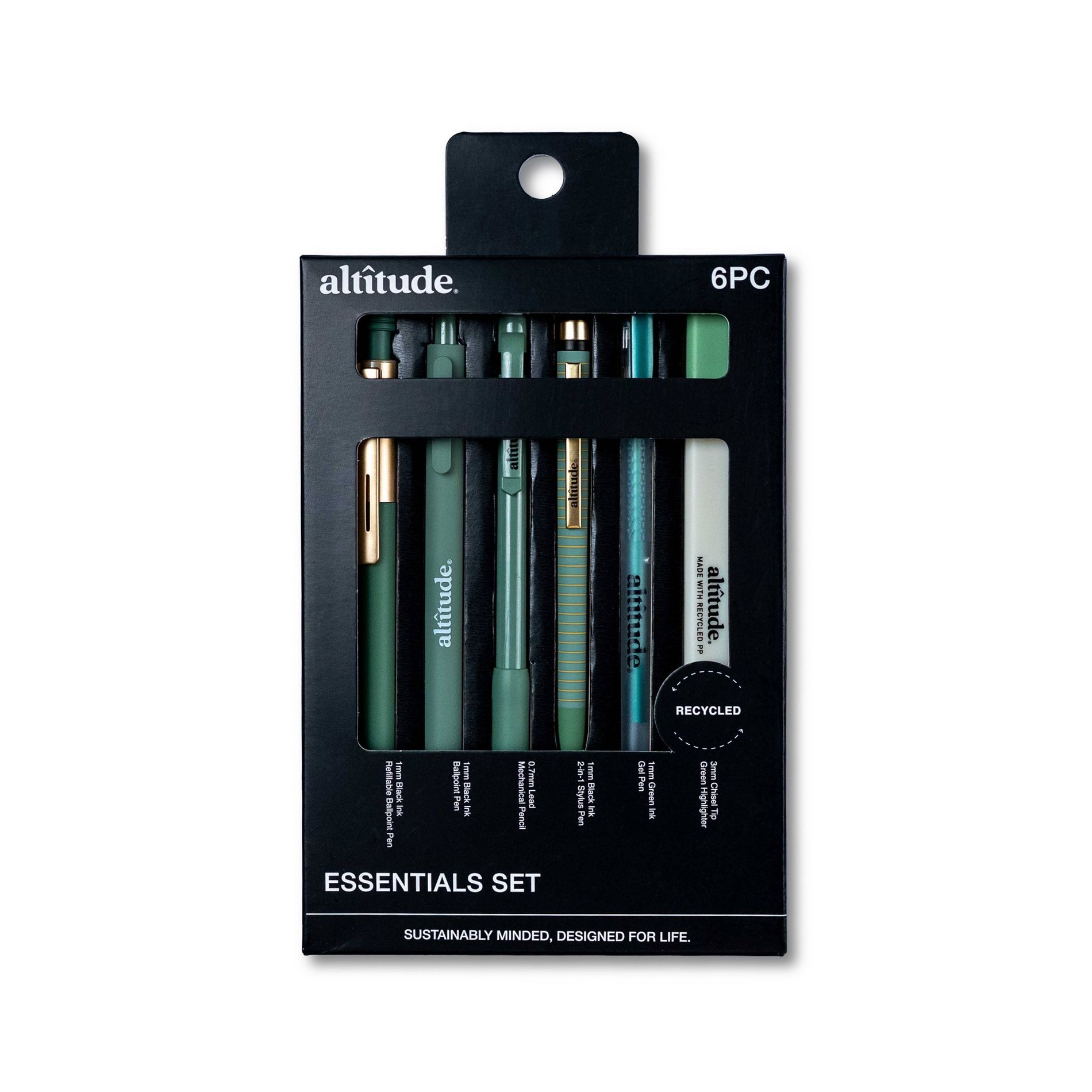 Altitude 6pk Essential Writing Kit with Pens, Mechanical Pencils, and Highlighter- Dark Sage