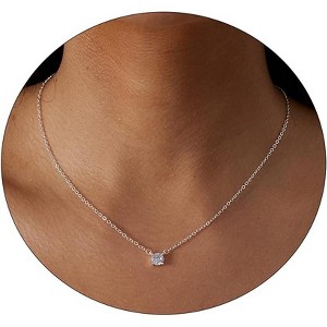 14K Gold Plated CZ Diamond Necklace, Dainty Solitaire Pendant, Round/Square Simulated Diamond Choker, Bridal Jewelry Gift for Women - 1 of 4