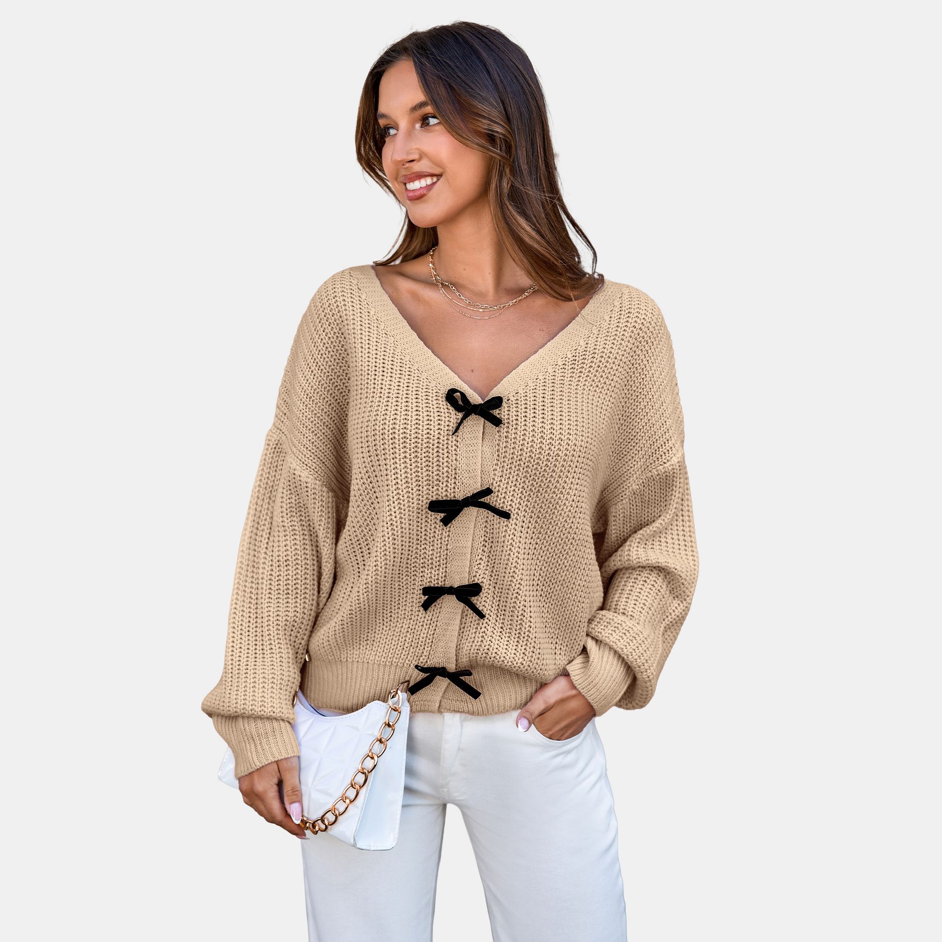 Women's Knit Bow Detail Long Sleeve Sweater – Cupshe-XL-Khaki