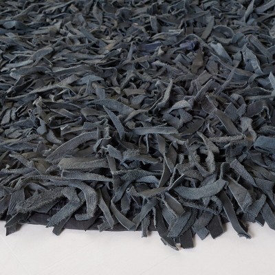 Gray Round Handmade Leather Shag Area Rug