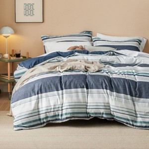 3 Pieces Reversible Striped Duvet Cover Set with Zipper Closure Bedding Set with 8 Corner Ties - 1 of 4
