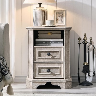 SinCiDo Nightstand with Charging Station & 2 Drawers, Farmhouse End Table, Wood Side Table for Bedroom, Living Room