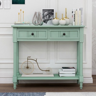 Console Tables, Farmhouse Entryway Table With 2 Drawers, Bottom Shelf, Solid Wood Frame And Legs,abstract,retro blue,35.43in,2.95ft