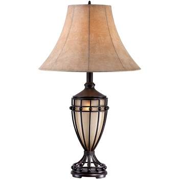 Franklin Iron Works Cardiff Rustic Table Lamp 33" Tall Brushed Iron with Table Top Dimmer Nightlight Beige Fabric Shade for Bedroom Living Room Office