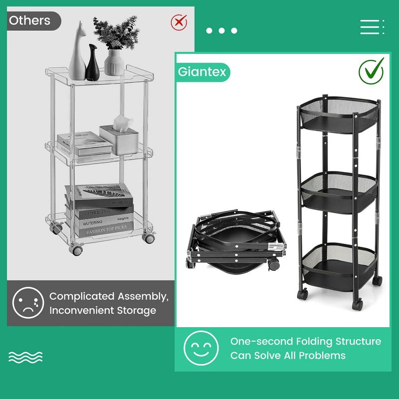 Tangkula 3-Tier Rotating 1-Second folding Storage Rack Metal Rolling Utility Cart Square, 5 of 11