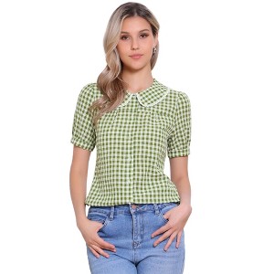 INSPIRE CHIC Women's Plaid Puff Short Sleeve Button Down Peter Pan Collar Shirt - 1 of 4