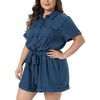 Women's Plus Size Lapel Collared Roll Short Sleeve Belted Button Down Casual Short Jumpsuits with Pockets - Agnes Orinda - 2 of 4