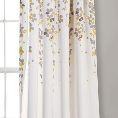 Gray and Yellow Floral Polyester Room Darkening Curtain Panels