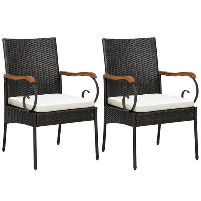 Tangkula Set Of 2 Pe Wicker Chairs Acacia Wood Armrests W/ White Soft ...