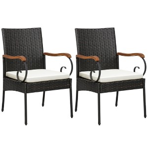 Tangkula Set of 2 PE Wicker Chairs Acacia Wood Armrests w/ White Soft Zippered Cushion Patio - 1 of 4