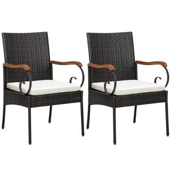 Tangkula Set of 2 PE Wicker Chairs Acacia Wood Armrests w/ White Soft Zippered Cushion Patio