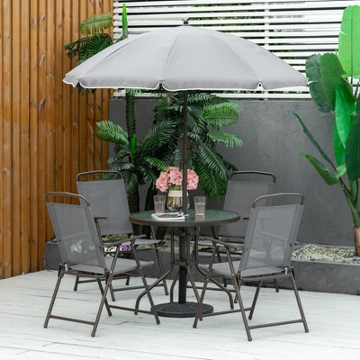 36.50"Outsunny 6 Piece Patio Dining Set for 4 with Umbrella, Outdoor Table and Chairs with 4 Folding Dining Chairs & Round Glass Table, Gray