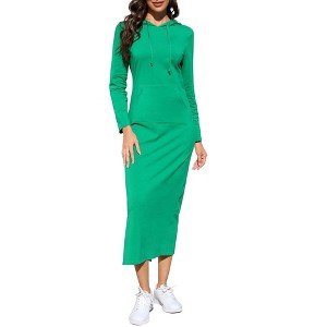 Women's Long Sleeve Hooded Midi Dress - Casual Pullover with Kangaroo Pocket & Side Slit - 1 of 4