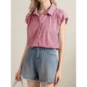 Womens Button Down Shirts Short Cap Sleeve V Neck Blouses Casual Plaid Tops - 1 of 4