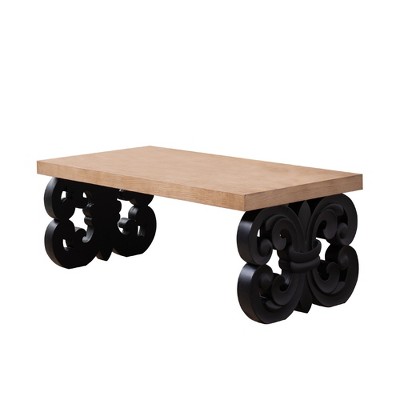 Vynxaria Modern Farmhouse Coffee Table - 47.2" Rectangular, Black Ornate Scroll Base, Natural Wood Top, Durable Manufactured Wood for Living Room