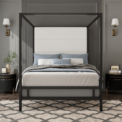 Canopy Bed, Bed with Upholstered Linen Fabric Headboard, Bed with 4-Poster Frame, Stylish Design Bed with Metal Frame-Baofuwish
