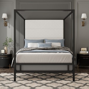 Canopy Bed, Bed with Upholstered Linen Fabric Headboard, Bed with 4-Poster Frame, Stylish Design Bed with Metal Frame-Baofuwish - 1 of 4