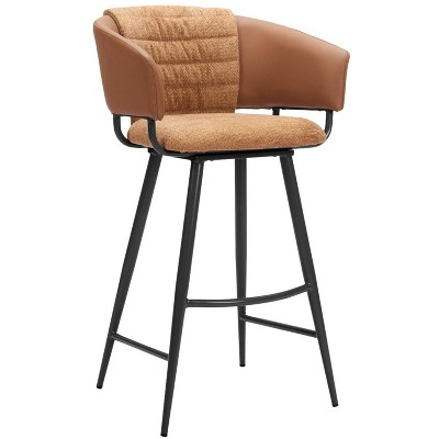 39.8" H Barstools Set of 2 Brown Fabric & Faux Leather with Armrests, Powder-Coated Steel Frame by Zuo Modern