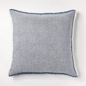 Oversized Reversible Linen Square Throw Pillow with Frayed Edges Blue - Threshold™ designed with Studio McGee