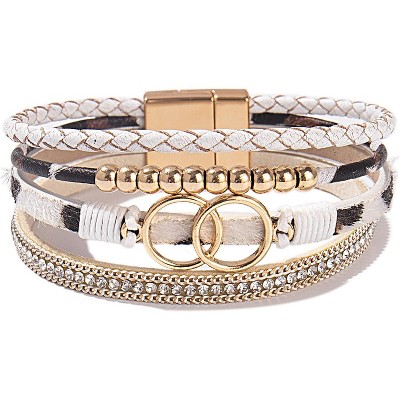 Boho Wrap Bracelet with Infinity Design, Leather Cuff Bangle with Magnetic Clasp, Stackable Jewelry Gift for Mom