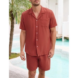 Men 2 Piece Set Short Sleeve Button Down Shirt and Drawstring Short Set Casual Summer Beach Outfit - 1 of 4